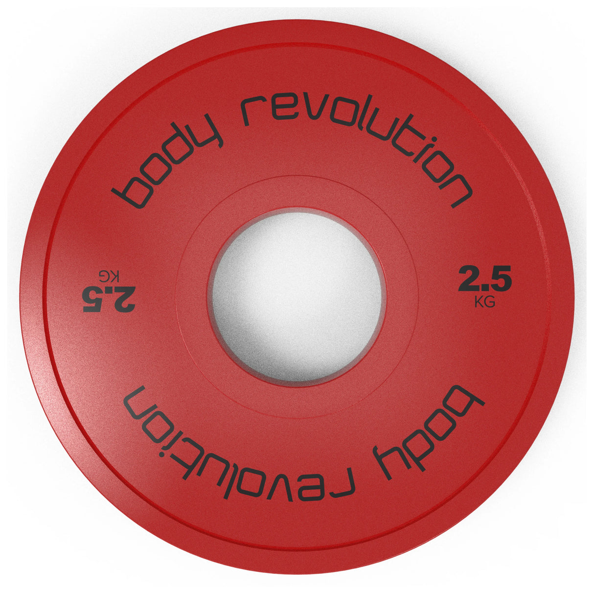 Bright red 2.5kg fractional bumper plate with a smooth surface, featuring bold black lettering and a central hole for easy handling