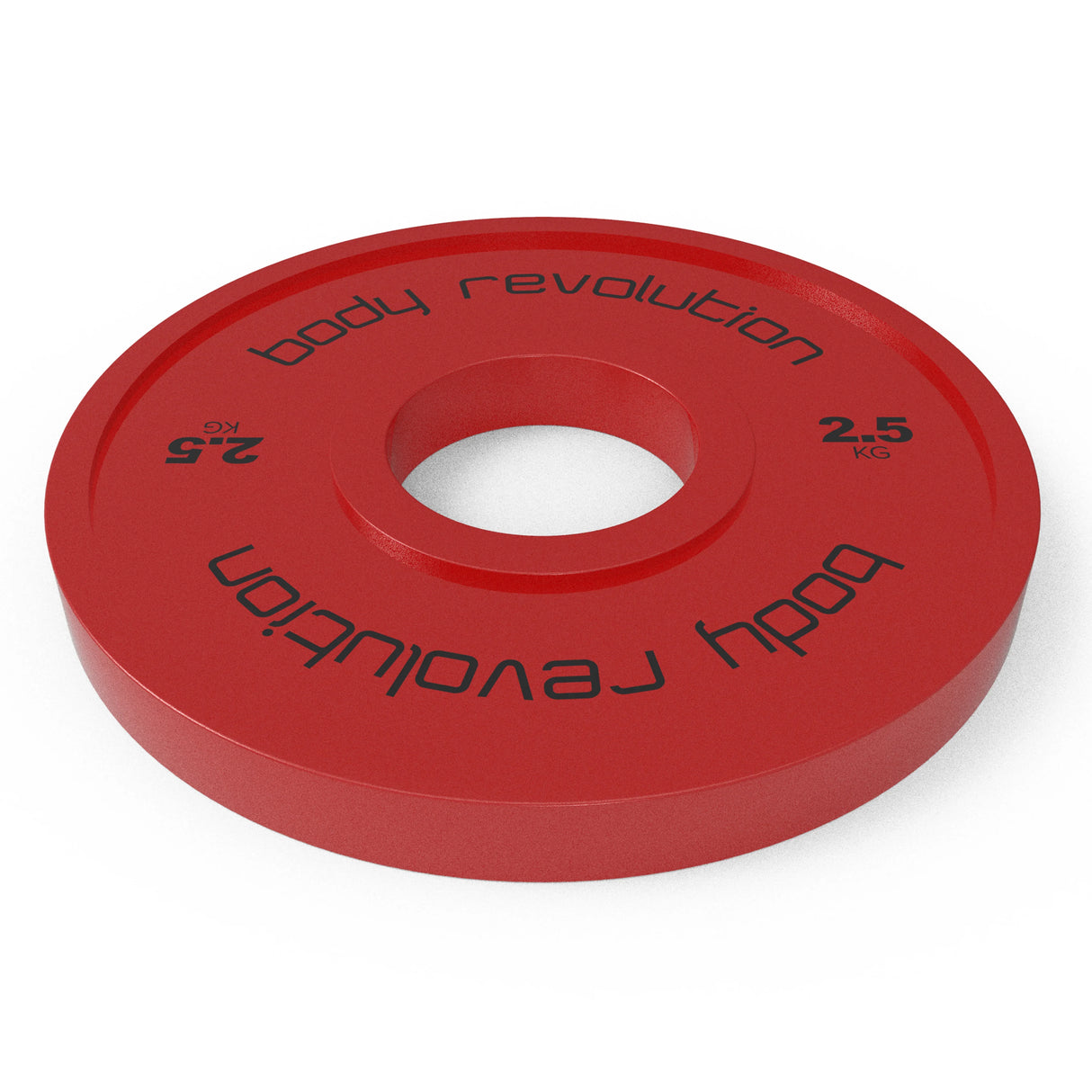 Red 2.5kg fractional bumper plate with a smooth finish, featuring a central hole and bold black lettering for easy identification