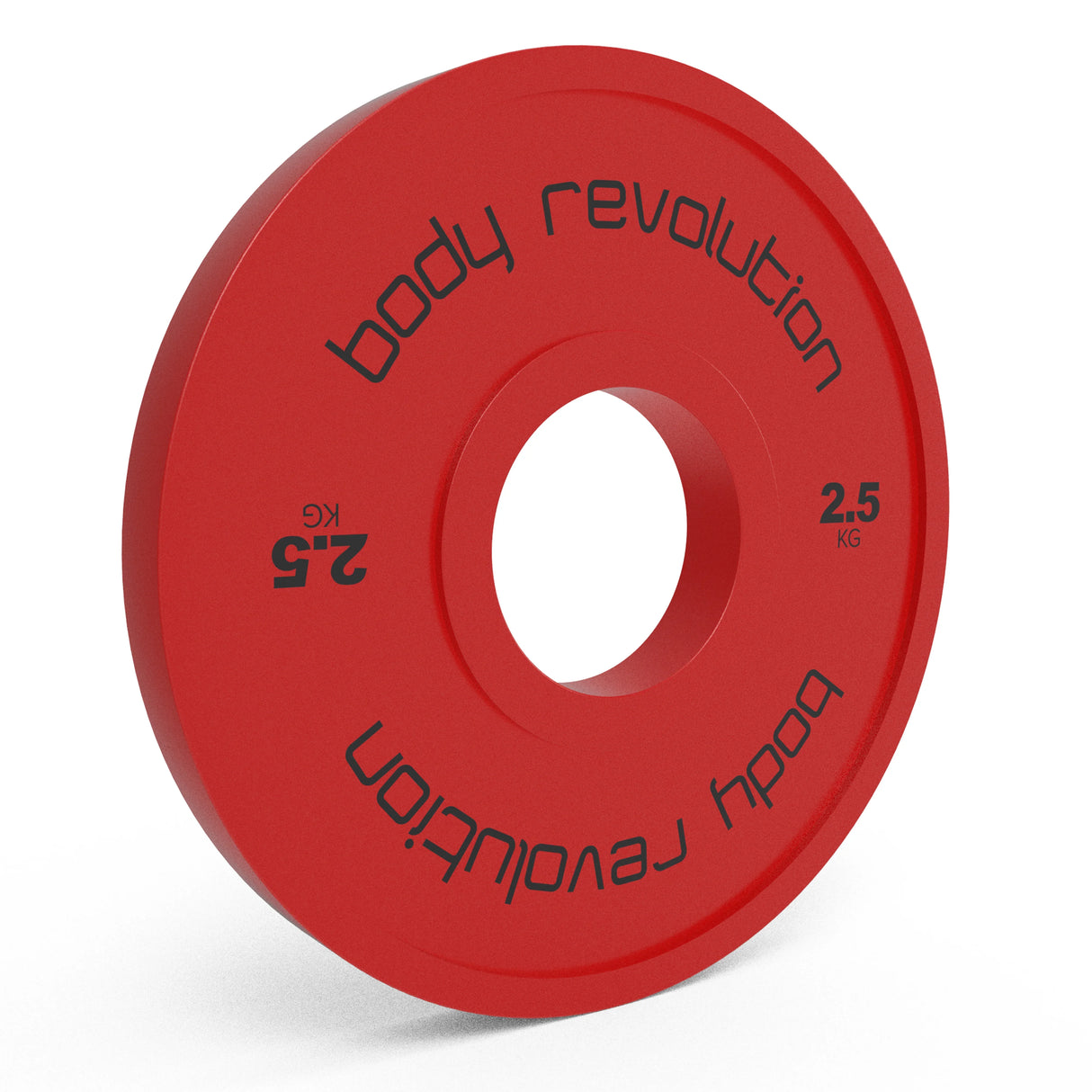 Bright red 2.5kg fractional bumper plate with a smooth finish, featuring black text and a central hole for easy handling