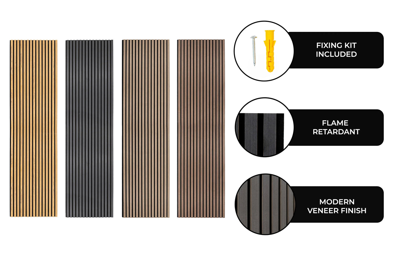 Four vertical wood panels in varying shades of brown and black, featuring a modern veneer finish and a flame retardant label