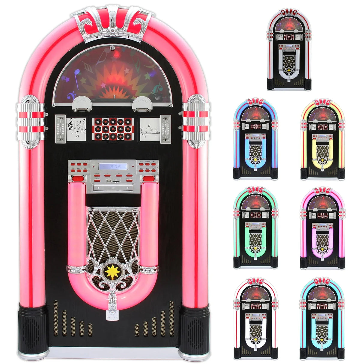 Colorful vinyl jukebox and CD case with retro design, featuring vibrant pink accents, chrome details, and illuminated buttons