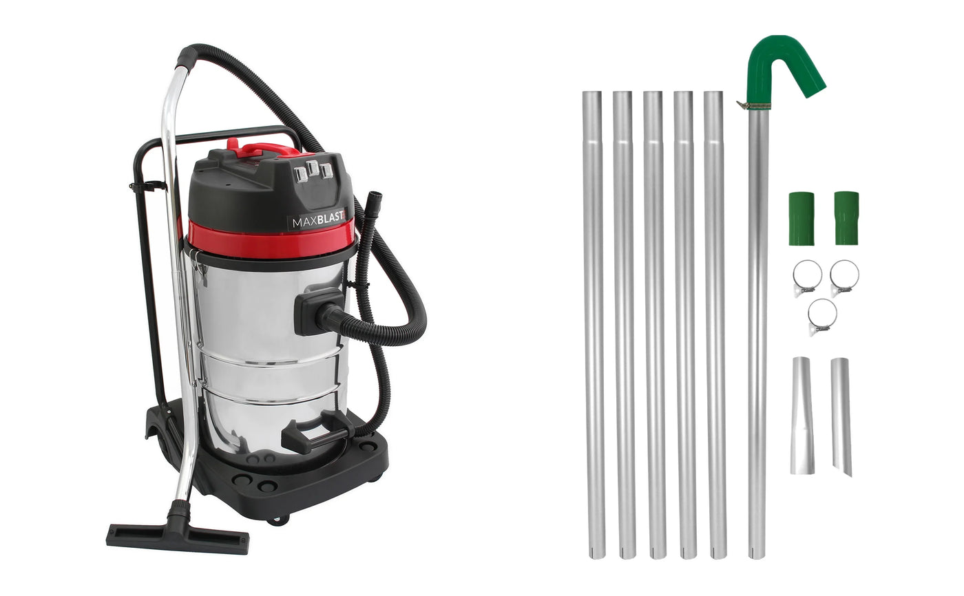 Stainless steel wet/dry vacuum with red accents, featuring multiple chrome extension tubes and various attachments for versatile cleaning