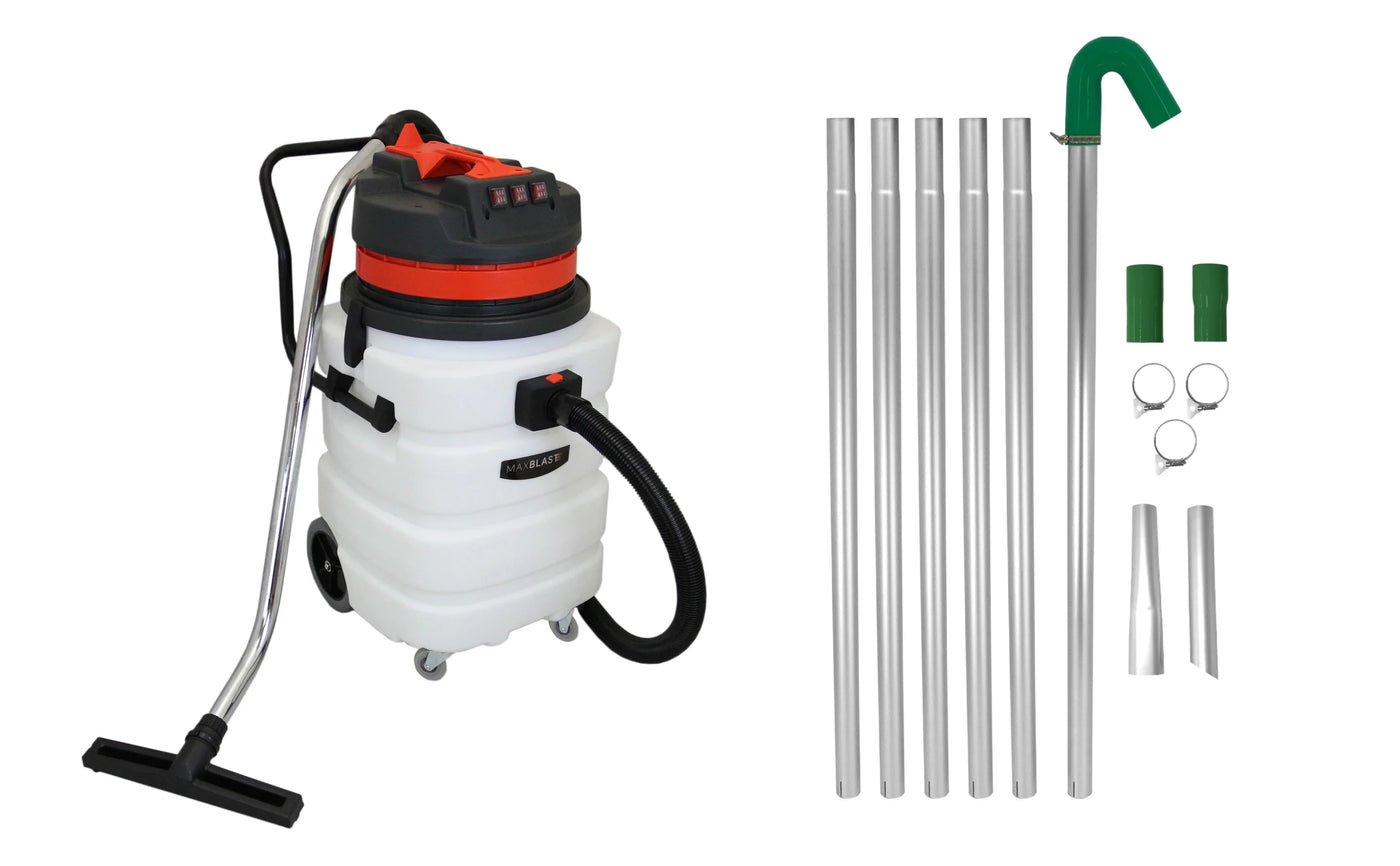 Heavy-duty wet and dry vacuum cleaner with a white tank, red and black accents, and multiple aluminum extension tubes for versatile cleaning
