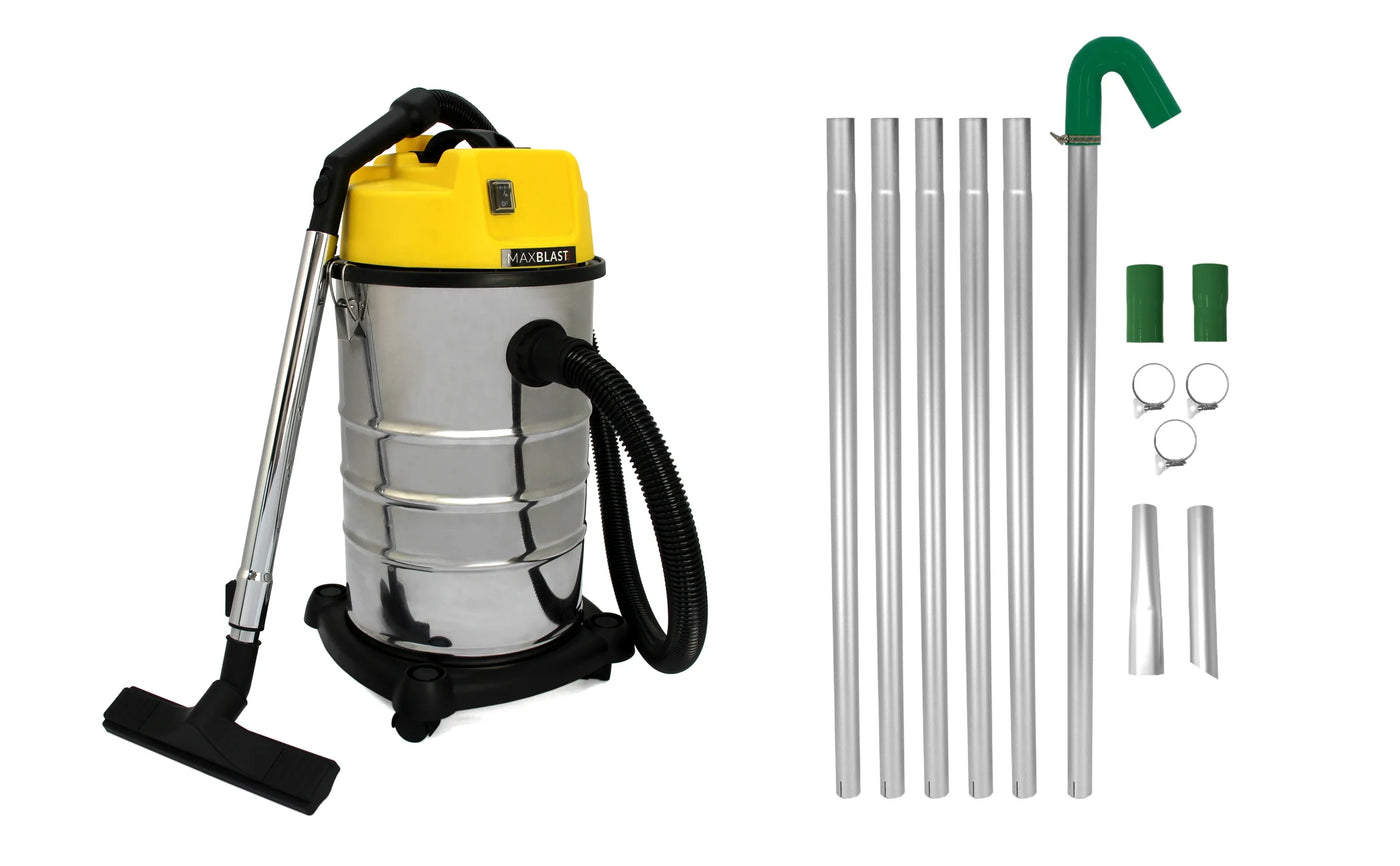 Stainless steel wet/dry vacuum with a yellow top, black hose, and multiple metal attachments for versatile cleaning tasks