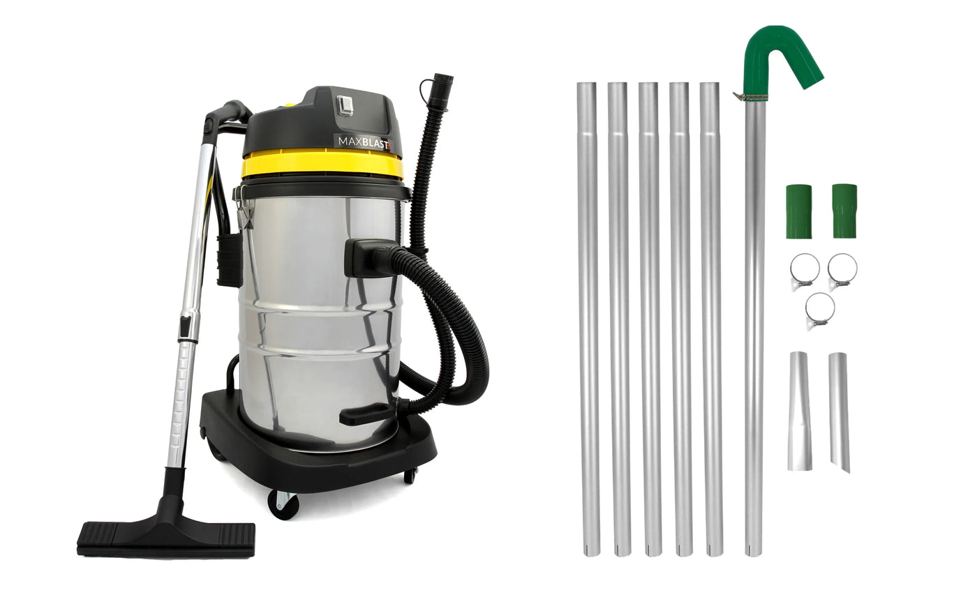 Stainless steel wet/dry vacuum with a yellow top, flexible hose, and multiple attachments including metal extension wands and nozzles