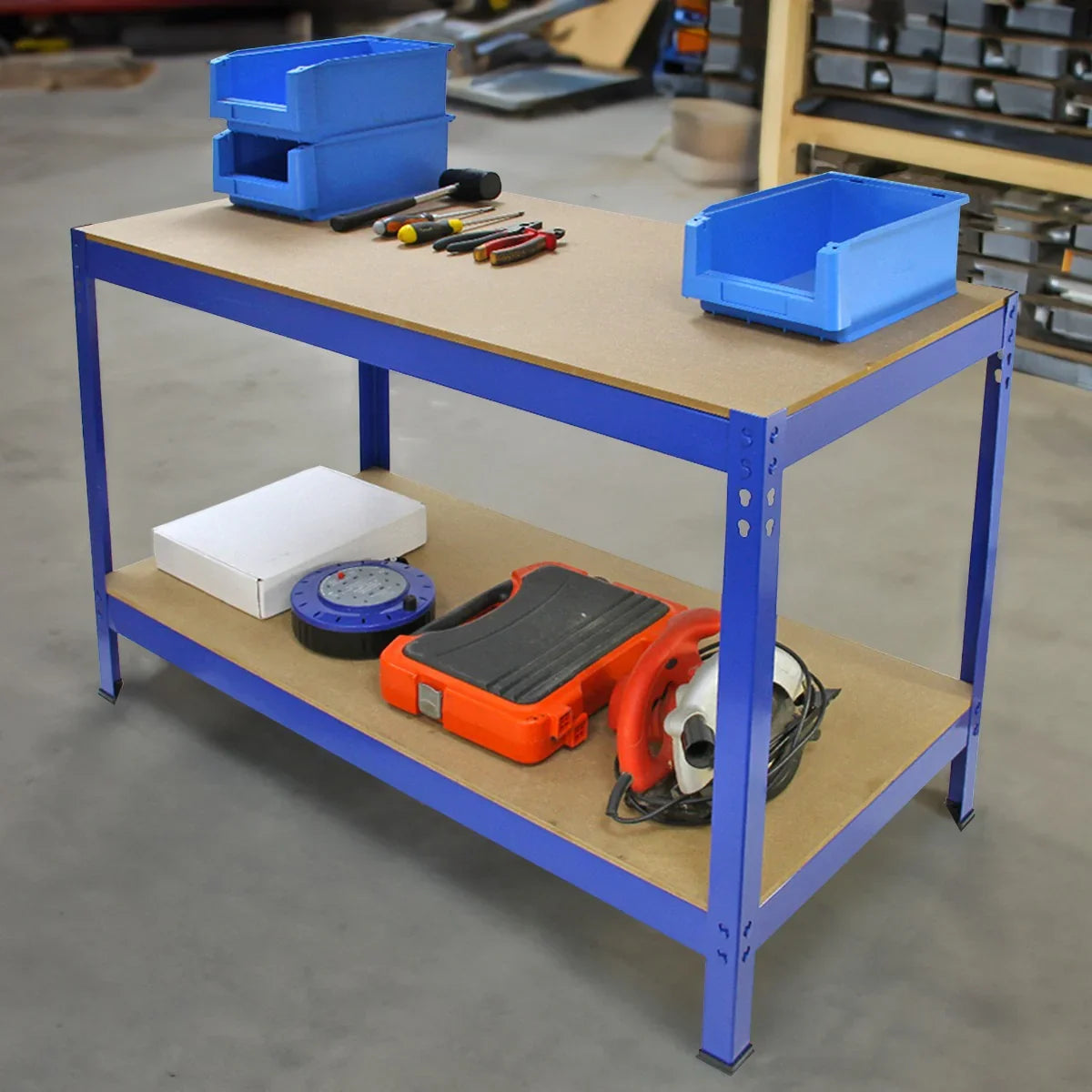 Sturdy Q-Rax 120cm workbench with a blue metal frame, wooden top, and organized tools and storage bins on the surface