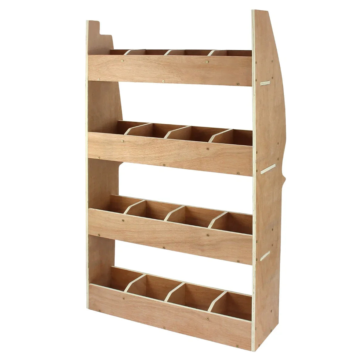 11sqm smoke van lining rack in natural wood finish, featuring four shelves with multiple storage compartments for...
