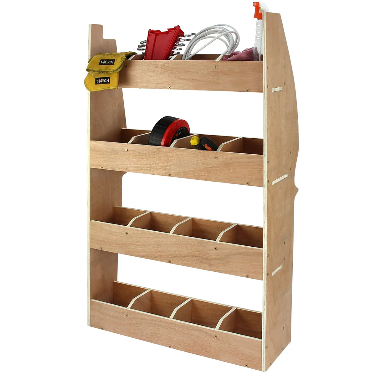 Peugeot Partner SWB van storage plywood shelves with multiple compartments, showcasing a natural wood finish and sturdy design