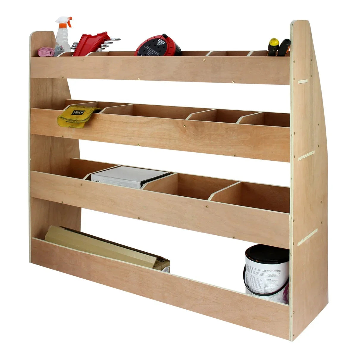 Smoke grey van lining racking unit with three wooden shelves, featuring various tools and storage boxes for organization