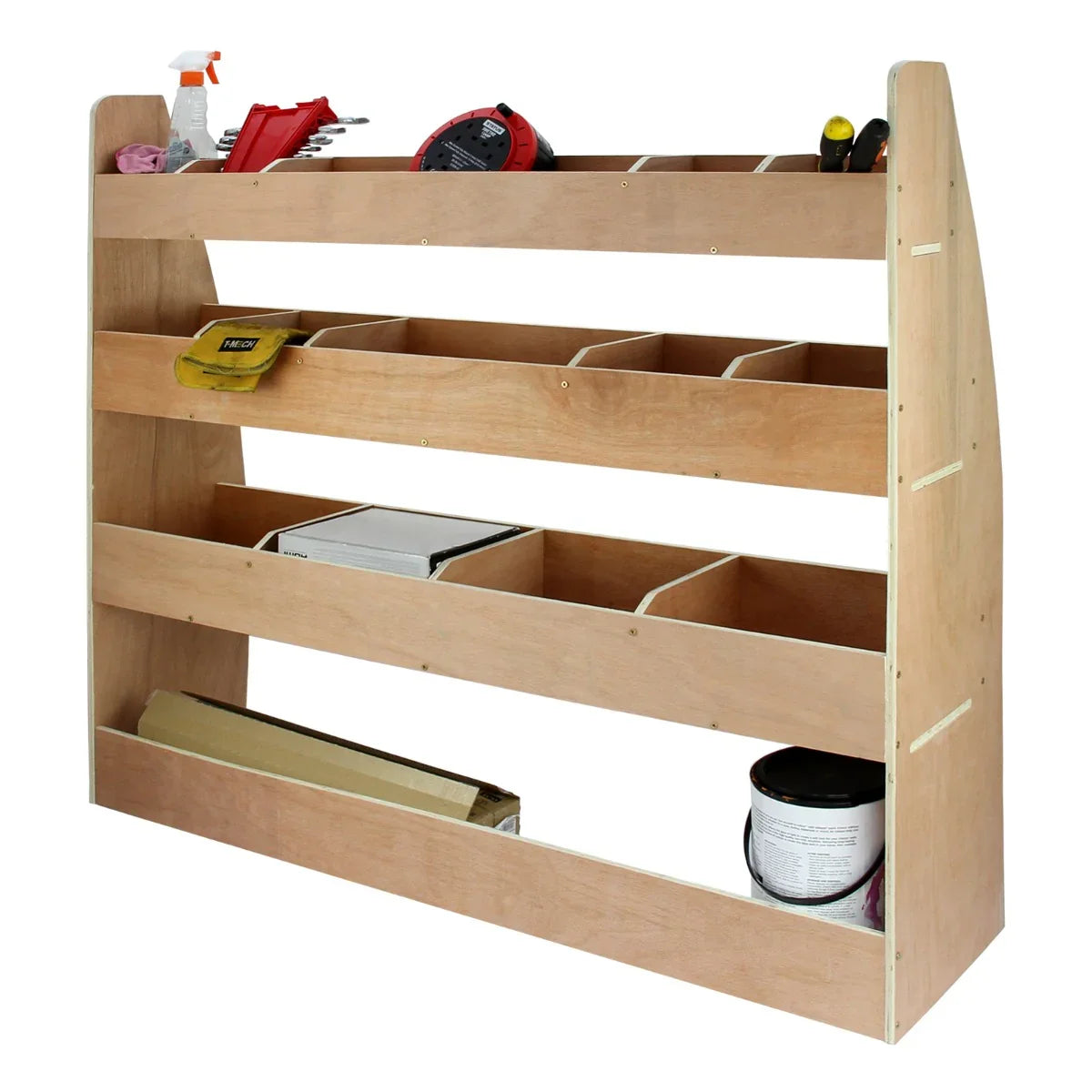 Smoke grey van lining racking unit with multiple open shelves, showcasing wood texture and organized tool storage...