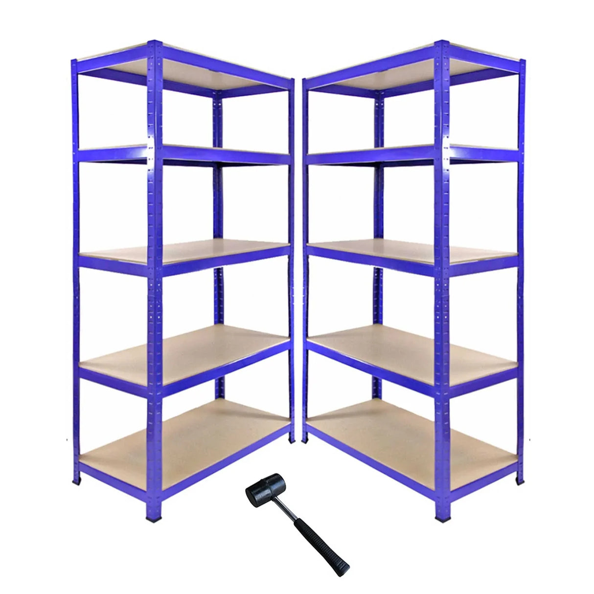 Blue Monster Racking T-Rax corner shelving unit with two 90cm garage storage bays, featuring sturdy metal frames and wooden shelves