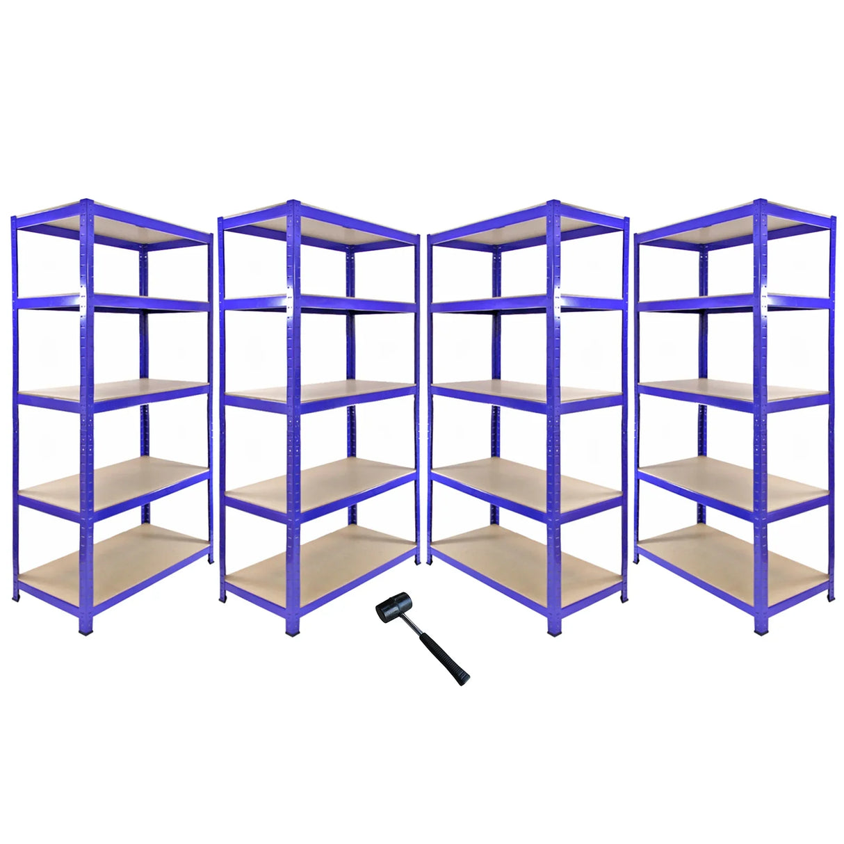 Blue Monster Racking T-Rax corner shelving unit with four 90cm garage storage bays, featuring sturdy metal frames and wooden shelves