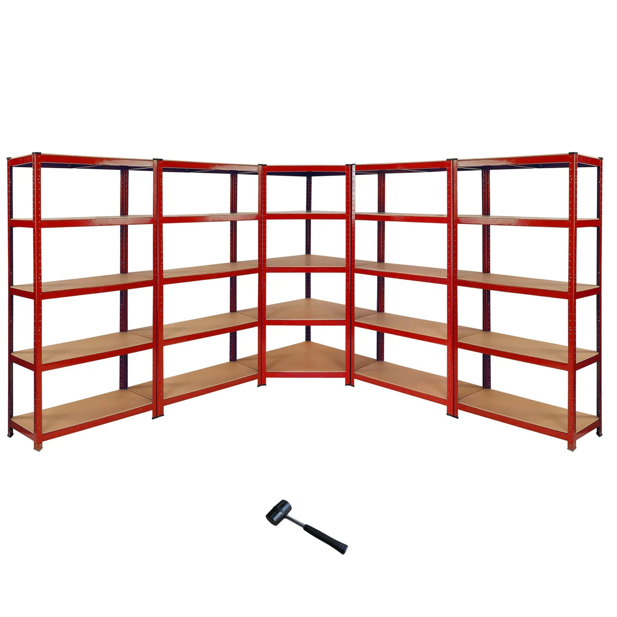 Z-Rax 90cm corner racking bundle featuring sturdy red metal frames and wooden shelves, ideal for garage or storage use
