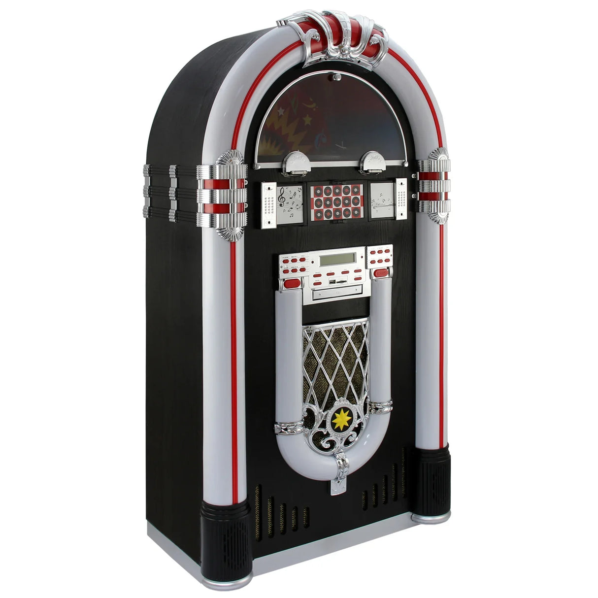 Retro jukebox vinyl record player with vibrant red and silver accents, featuring a classic design and illuminated display panel