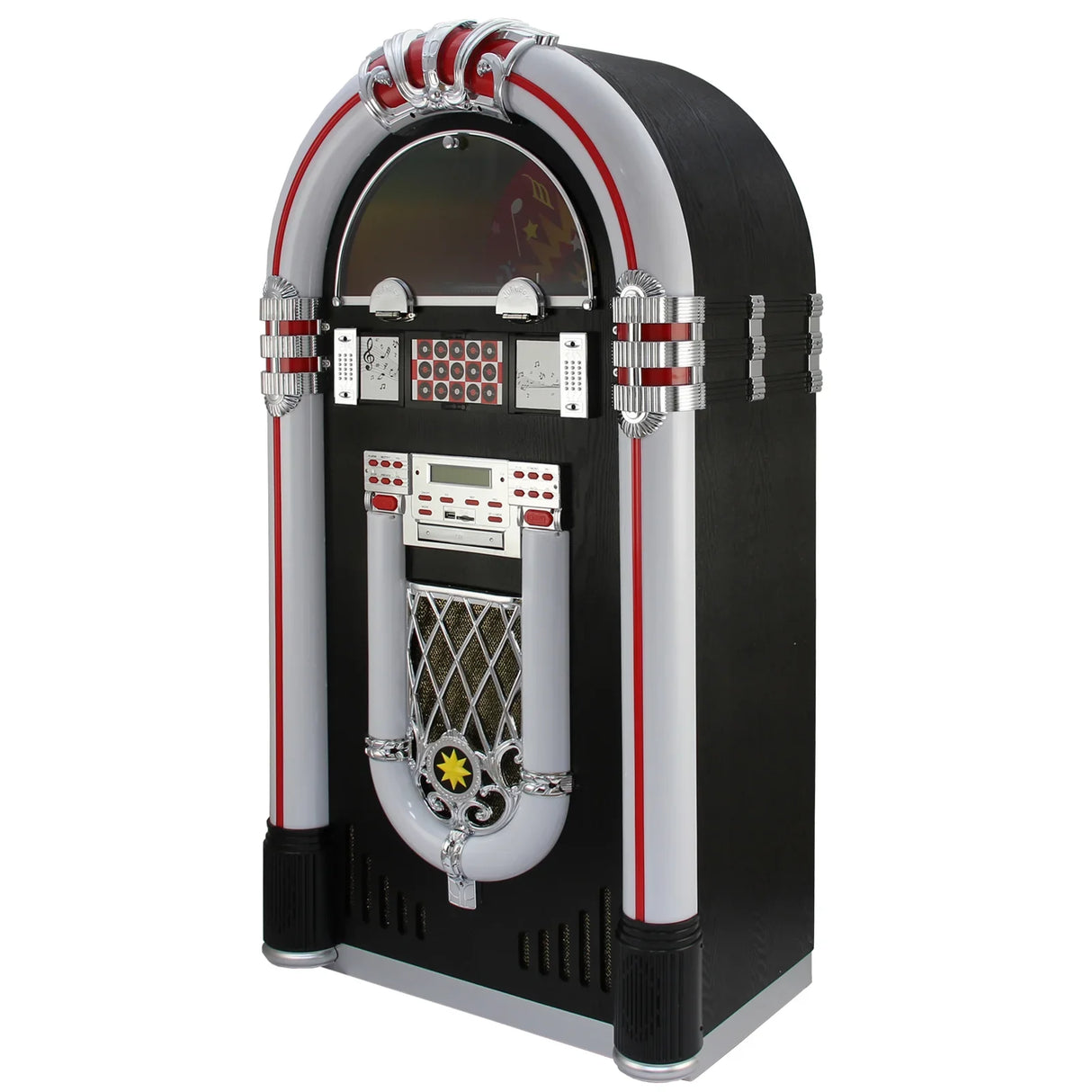 Retro jukebox vinyl record player with a glossy black finish, chrome accents, and colorful buttons, perfect for vintage music lovers