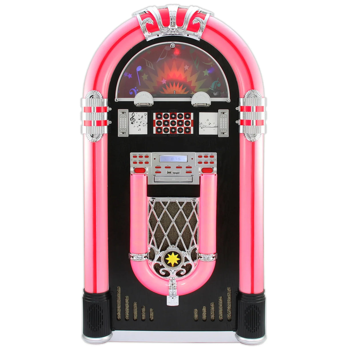 Retro jukebox vinyl record player with vibrant pink accents, chrome details, and a colorful illuminated display for a nostalgic sound experience