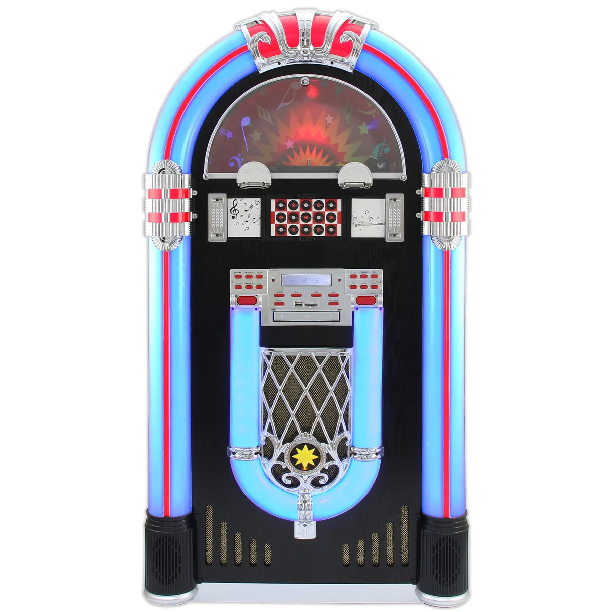 Retro jukebox vinyl record player with vibrant blue and red neon lights, chrome accents, and a classic design for vintage music lovers