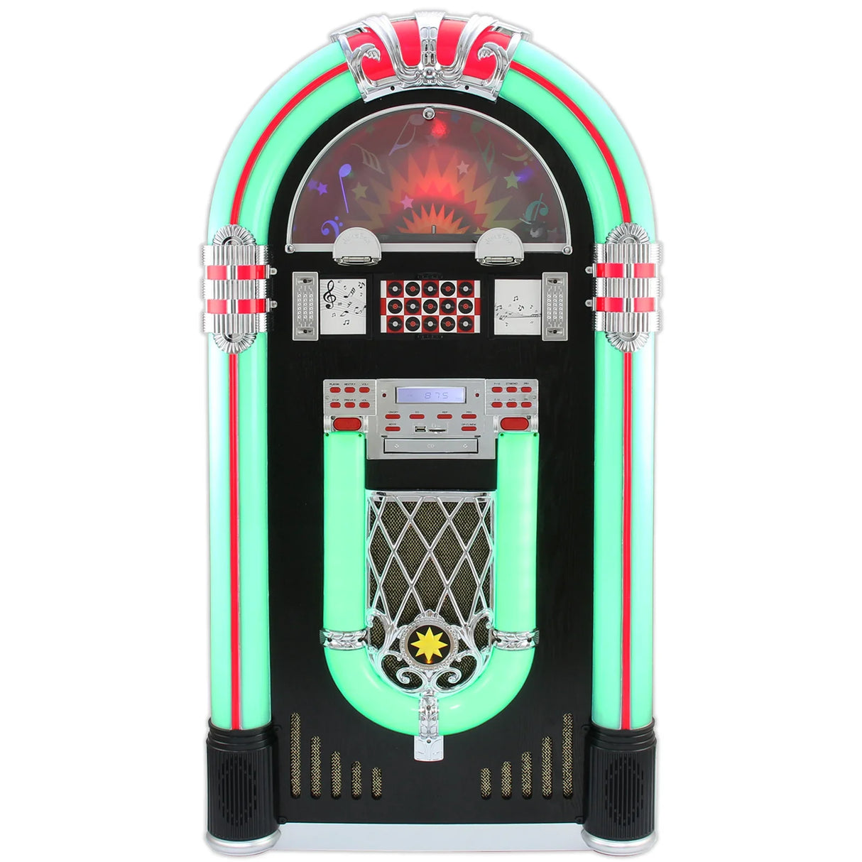 Retro jukebox vinyl record player with vibrant neon lights, chrome accents, and a classic design, perfect for music lovers