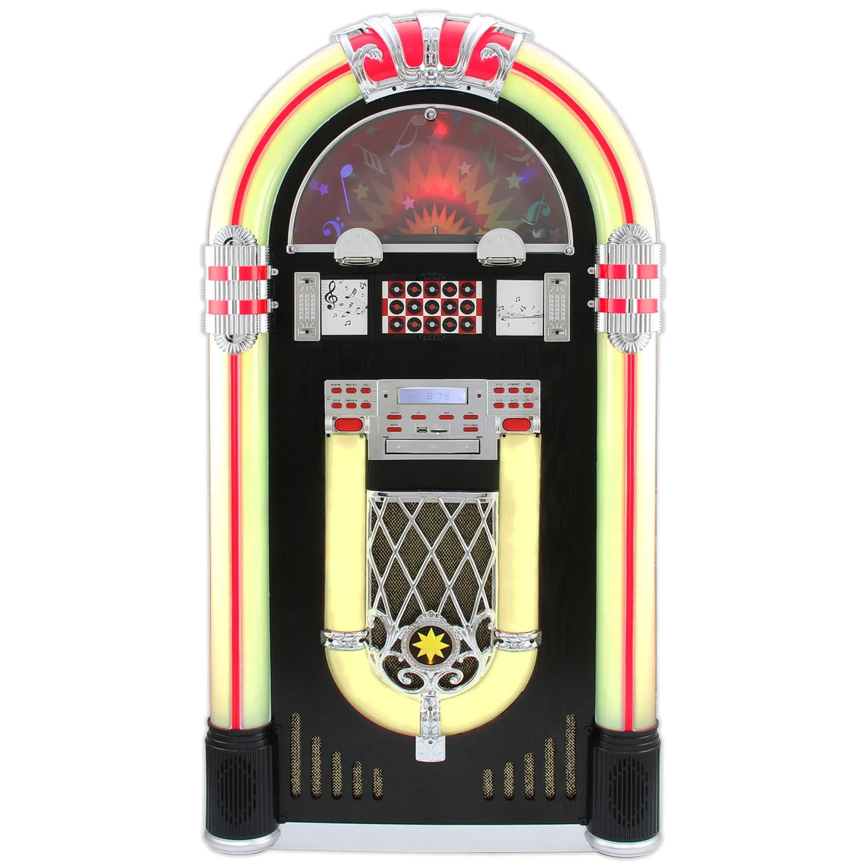 Retro jukebox vinyl record player with vibrant neon colors, chrome accents, and a classic design, perfect for any music lover's decor