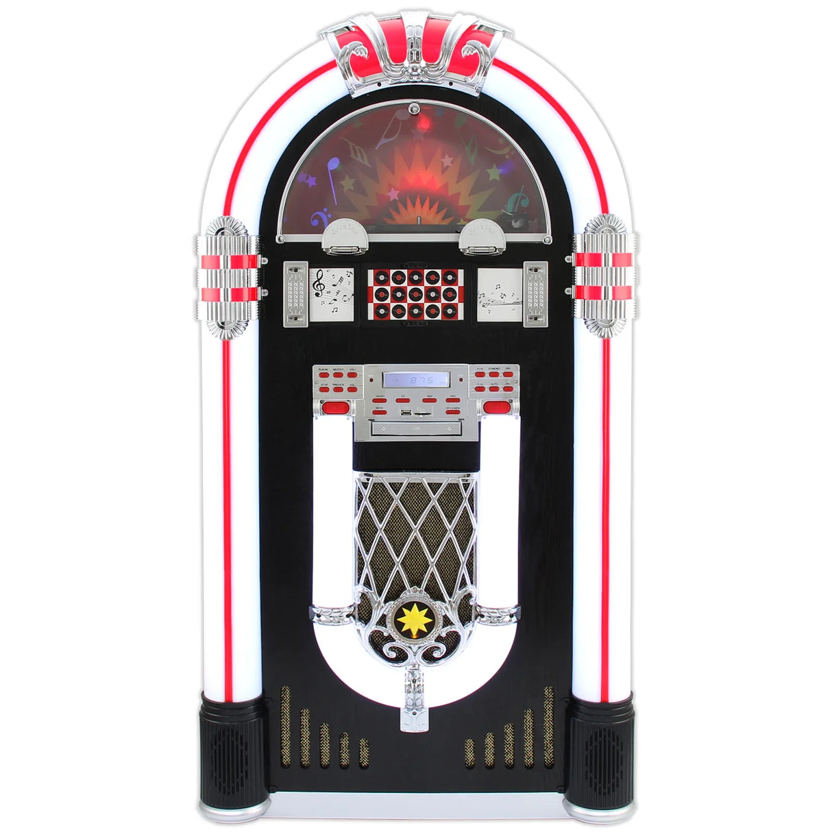 Retro jukebox vinyl record player with vibrant red and white accents, illuminated details, and classic chrome finish for stylish sound