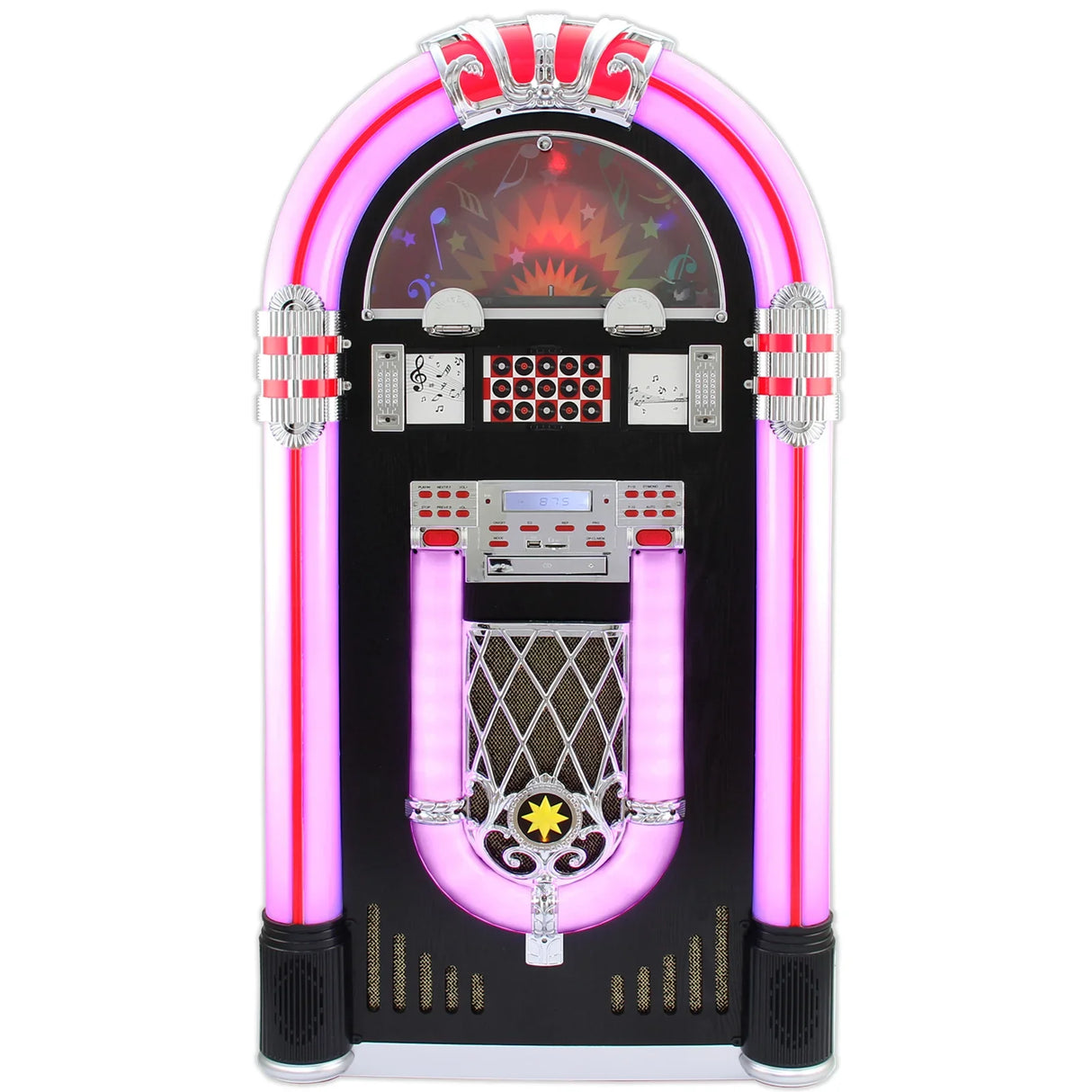 Retro jukebox vinyl record player with vibrant pink neon lights, chrome accents, and a classic design featuring a speaker grill and control panel