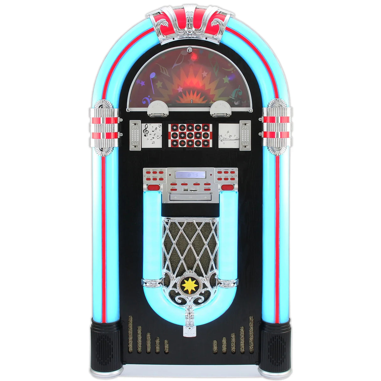 Retro jukebox vinyl record player with vibrant blue and red neon lights, chrome accents, and a classic design featuring a speaker grille