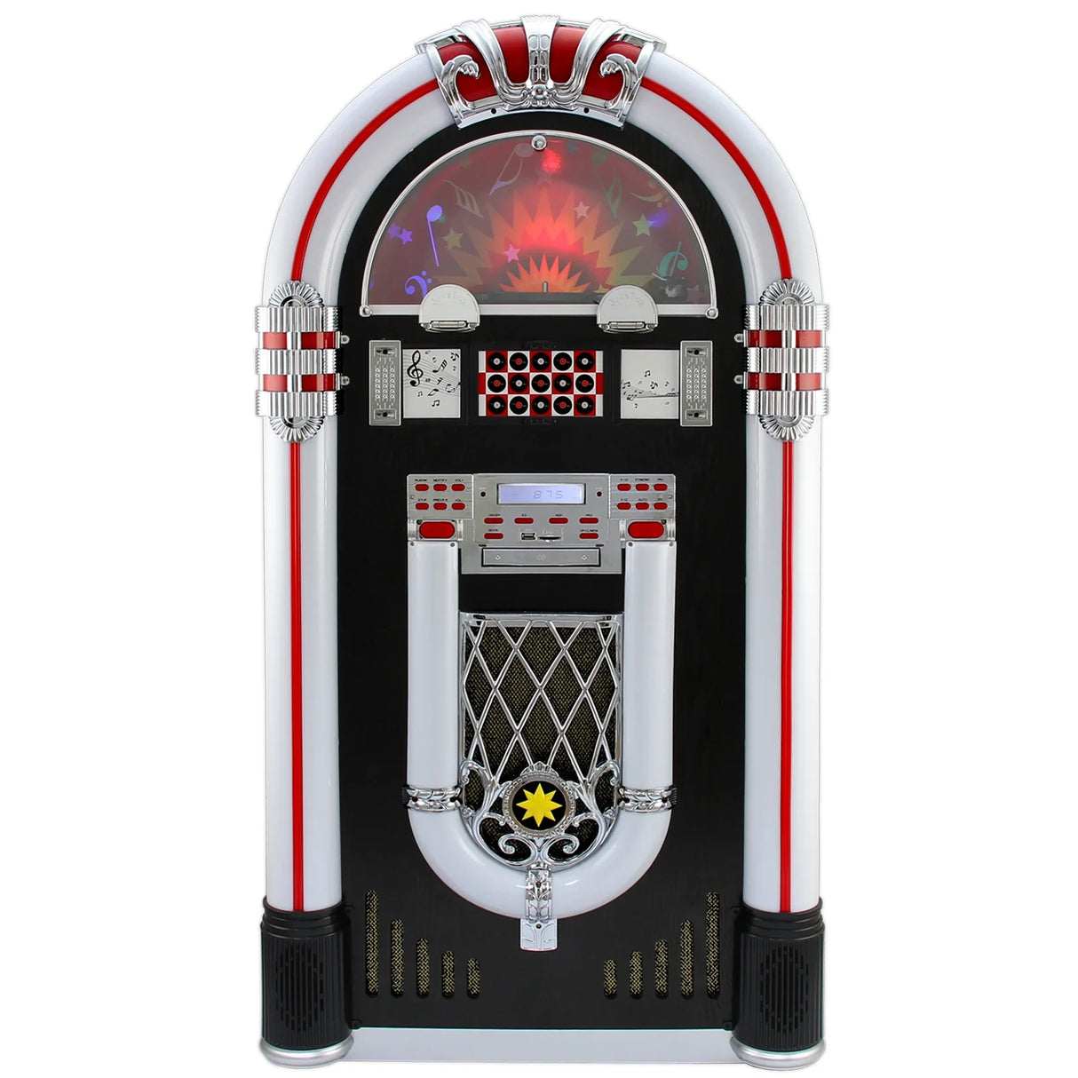 Retro jukebox vinyl record player with vibrant red and chrome accents, featuring a colorful illuminated display and classic design elements