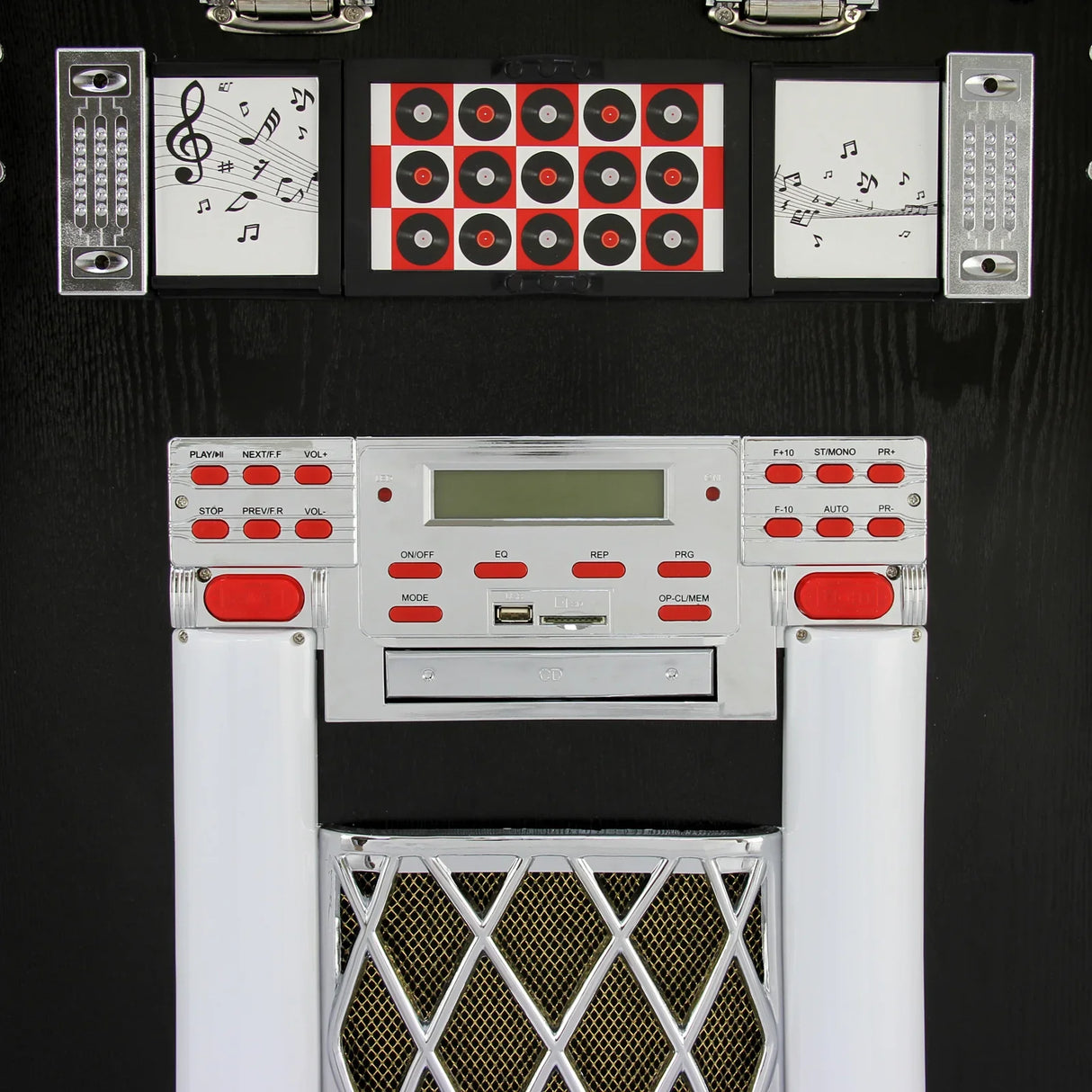 Jukebox vinyl record player with a sleek black finish, red and silver controls, and decorative musical notes on the front panel