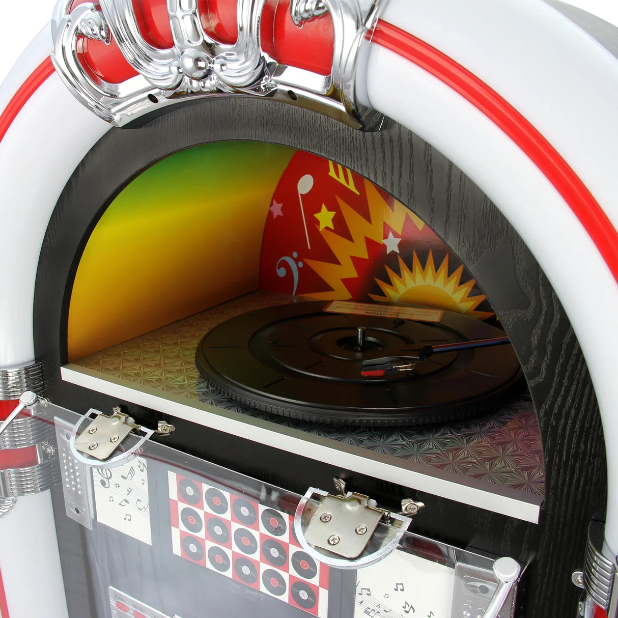 Retro jukebox vinyl record player with vibrant colors, chrome accents, and a sleek turntable, perfect for vintage music lovers