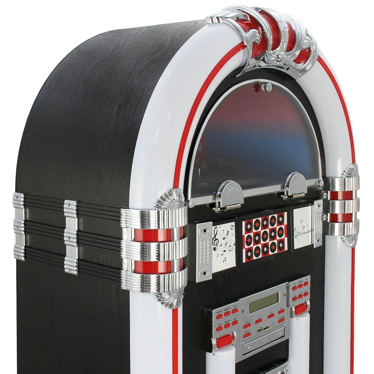 Retro jukebox vinyl record player in black and white with chrome accents, featuring a transparent top and colorful LED lights