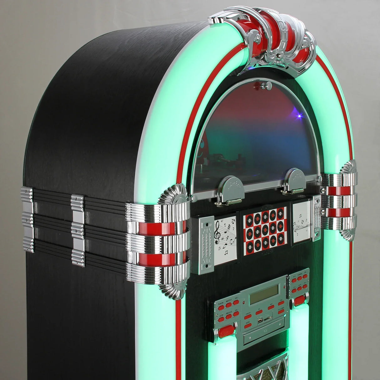 Retro jukebox vinyl record player with vibrant green LED lights, chrome accents, and a sleek black wooden finish, perfect for music lovers