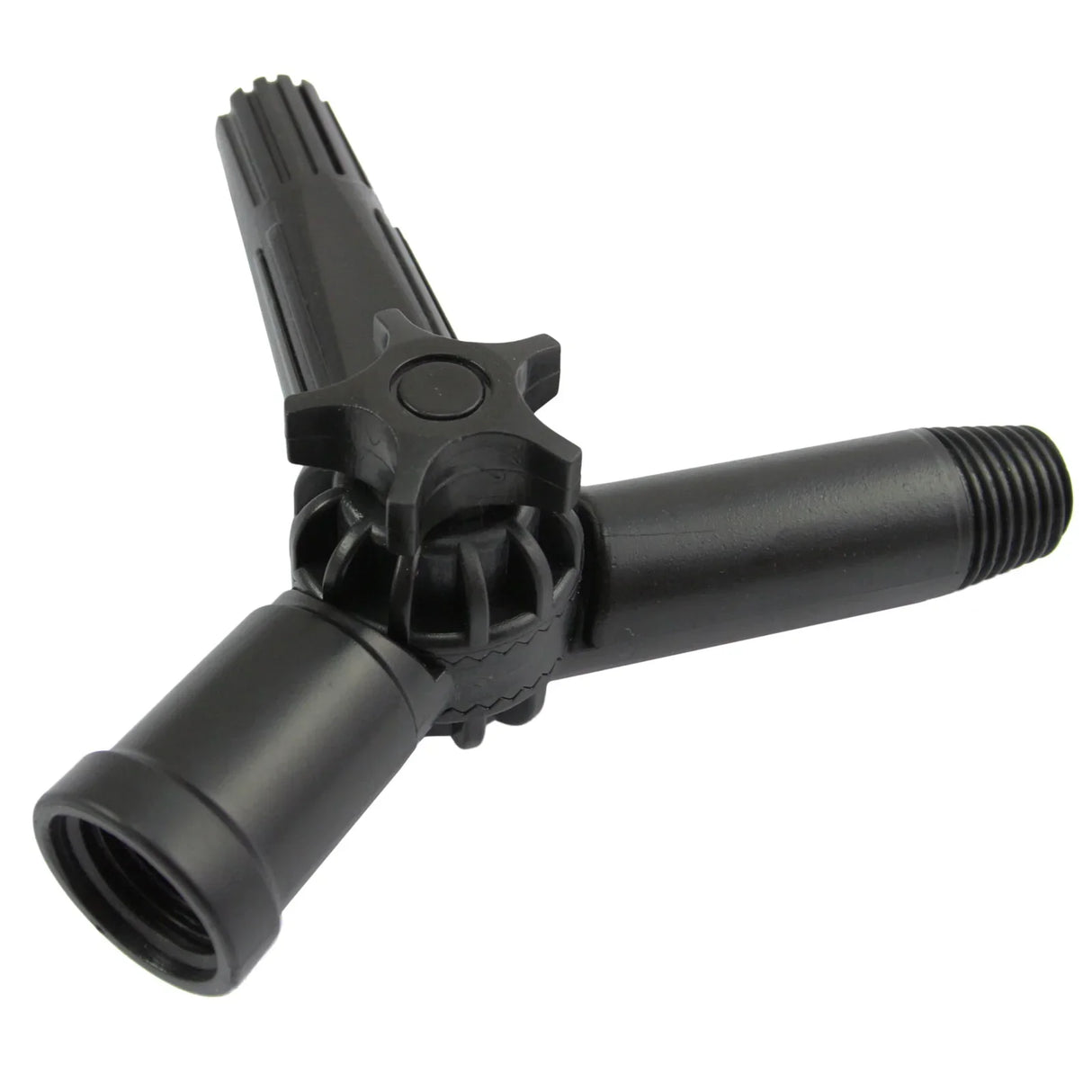 Black water fed window cleaning pole connector with three-pronged design, durable plastic material, and threaded end for easy attachment