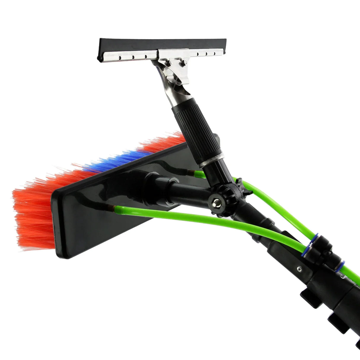 30ft water fed window cleaning pole with a colorful brush head, featuring red and blue bristles and a sturdy squeegee attachment