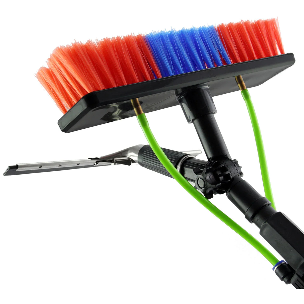 30ft water fed window cleaning pole with a dual-color brush head featuring red and blue bristles, and a squeegee attachment