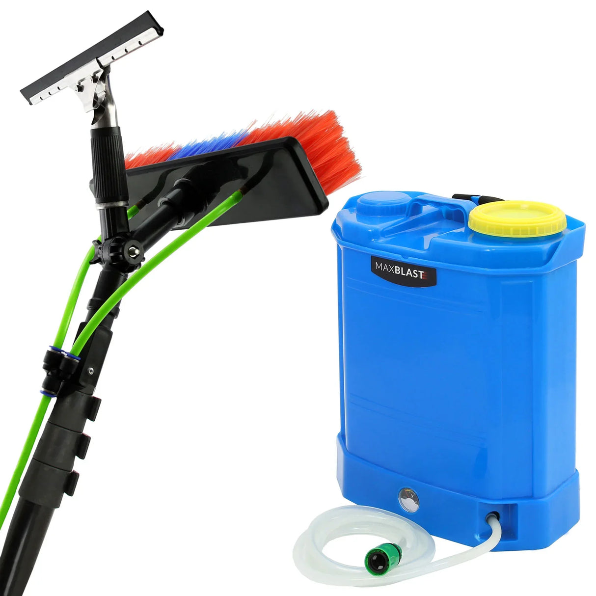 16L blue water fed backpack with yellow cap, 30ft black cleaning pole, and multicolored brush head for efficient cleaning
