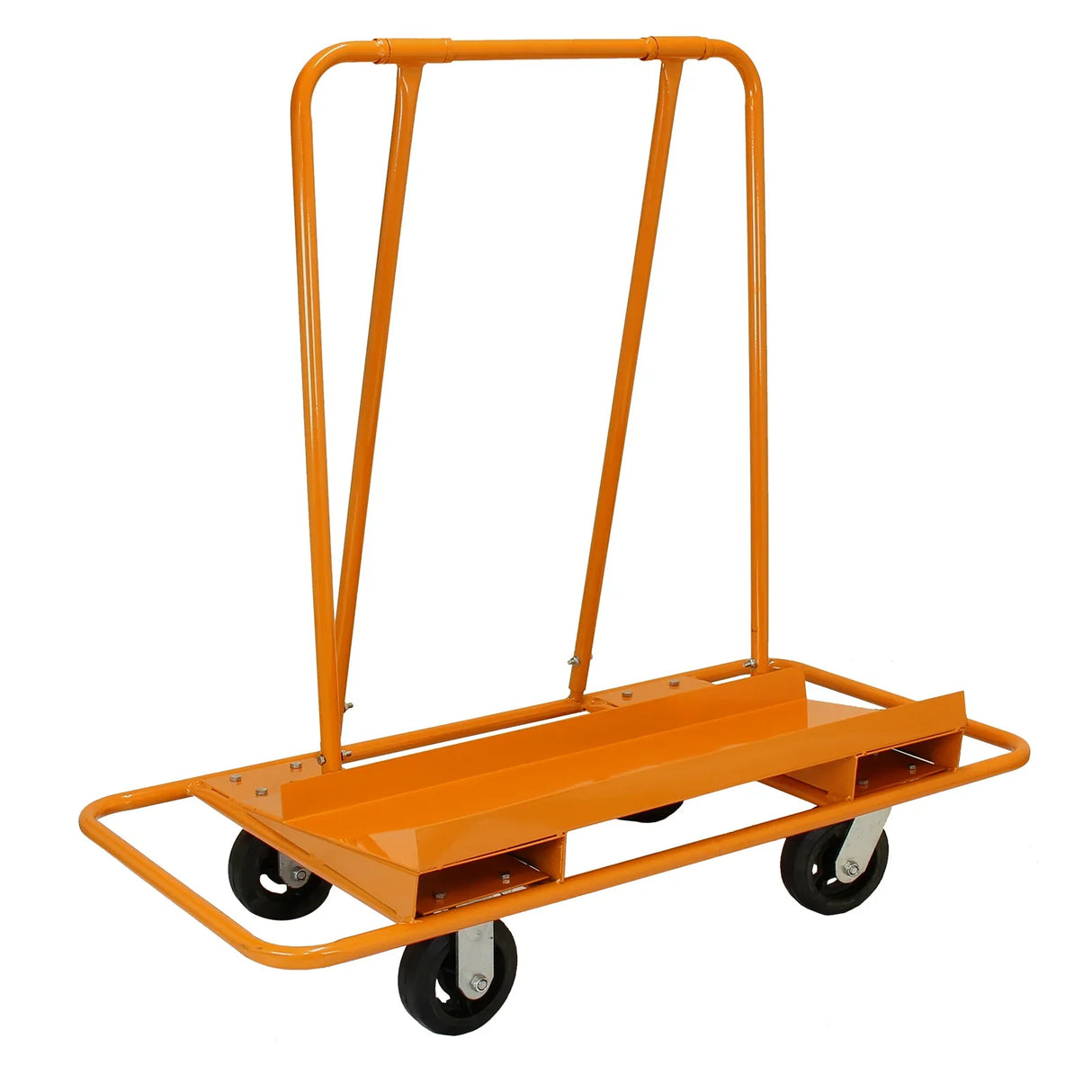 Heavy-duty orange drywall and plasterboard trolley with sturdy wheels, designed to carry up to 1000kg, featuring a robust frame