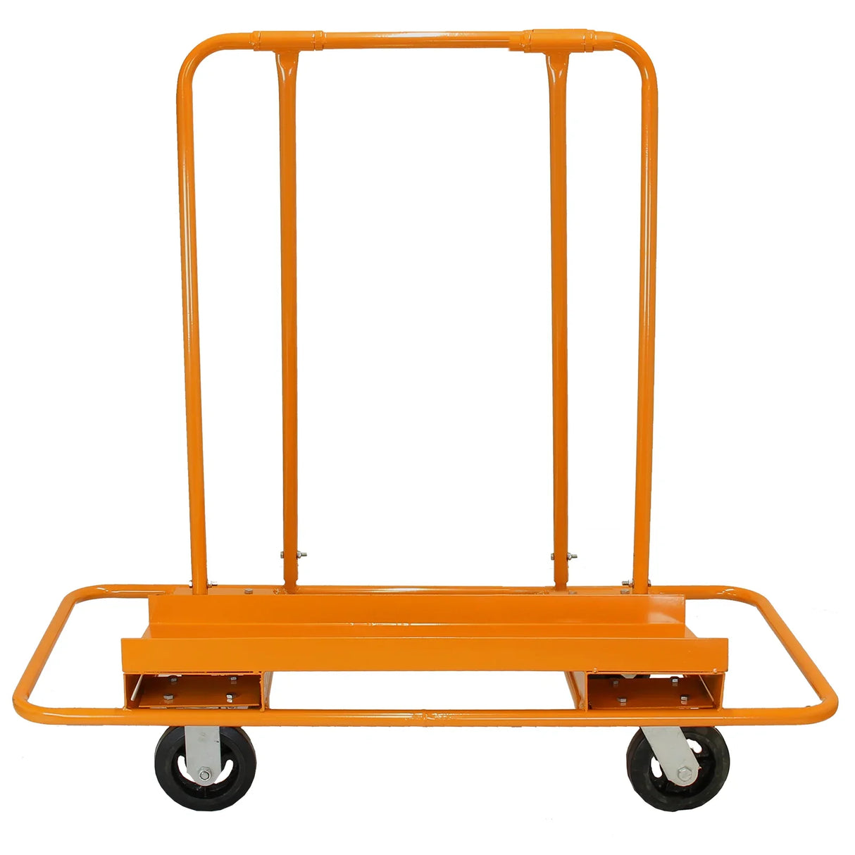 Sturdy orange drywall and plasterboard trolley with a flat base and two upright handles, designed for easy transport of heavy materials