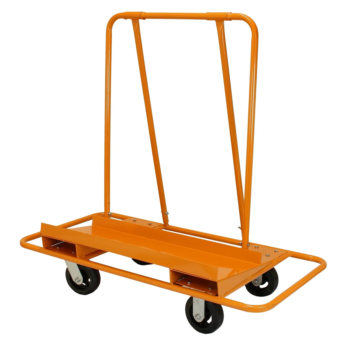 Heavy-duty orange drywall and plasterboard trolley with sturdy metal frame, large wheels, and a flat base for easy transport