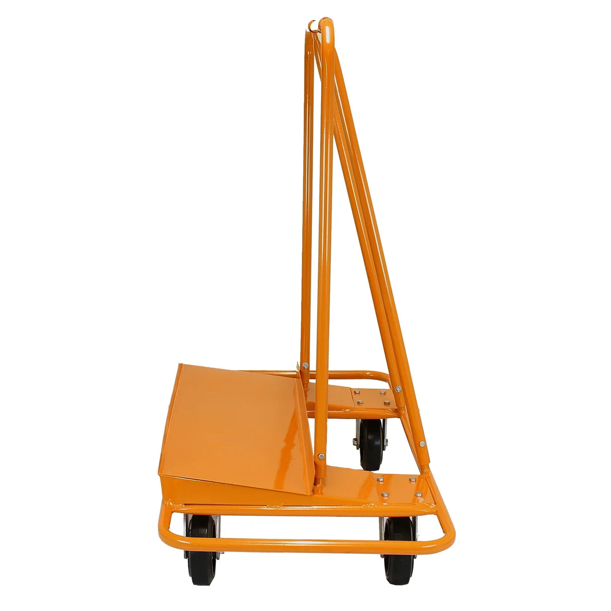 Heavy-duty orange drywall and plasterboard trolley with sturdy wheels, designed for easy transport of materials up to 1000kg