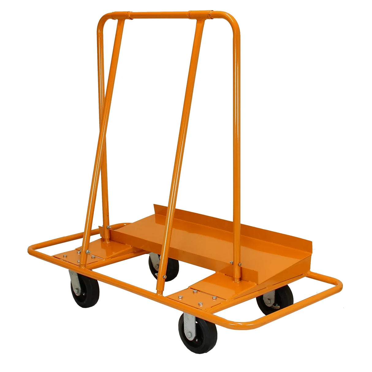 Heavy-duty orange drywall and plasterboard trolley with sturdy metal frame, large wheels, and a flat loading surface for easy transport