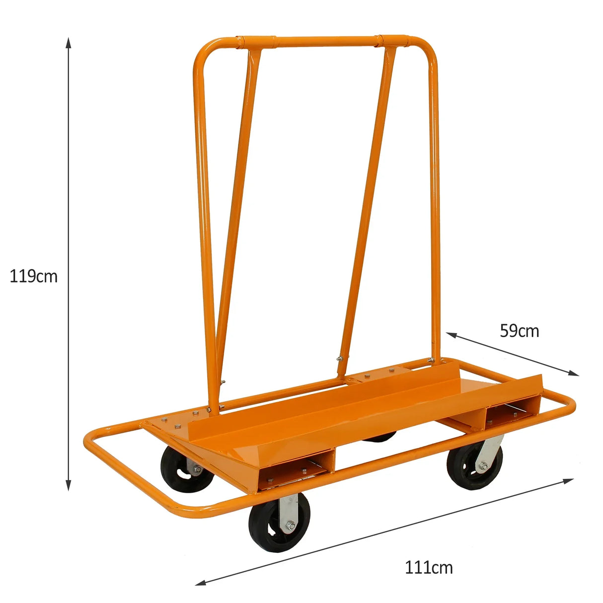 Heavy-duty orange drywall and plasterboard trolley with sturdy wheels, measuring 119cm high, 111cm long, and 59cm wide