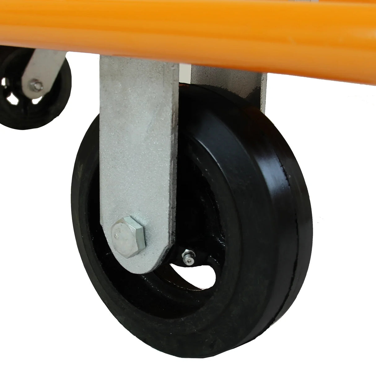 Heavy-duty black rubber wheel of the Monster Racking Drywall & Plasterboard Trolley, designed for smooth mobility and durability