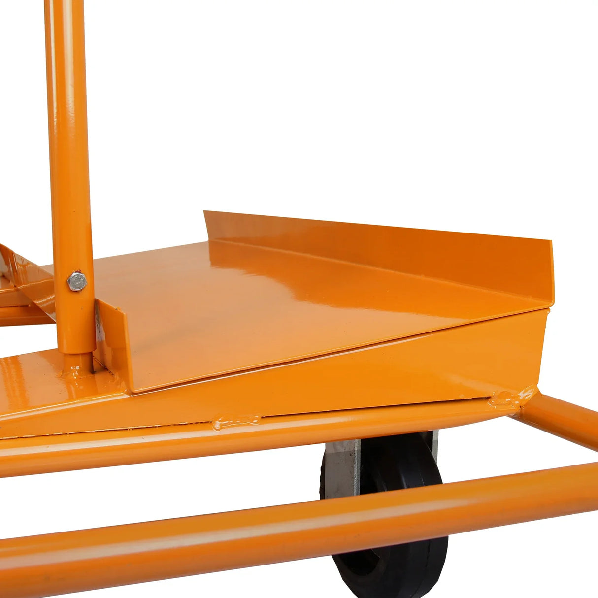 Heavy-duty orange drywall and plasterboard trolley with a sturdy metal frame, wide base, and durable wheels for easy transport