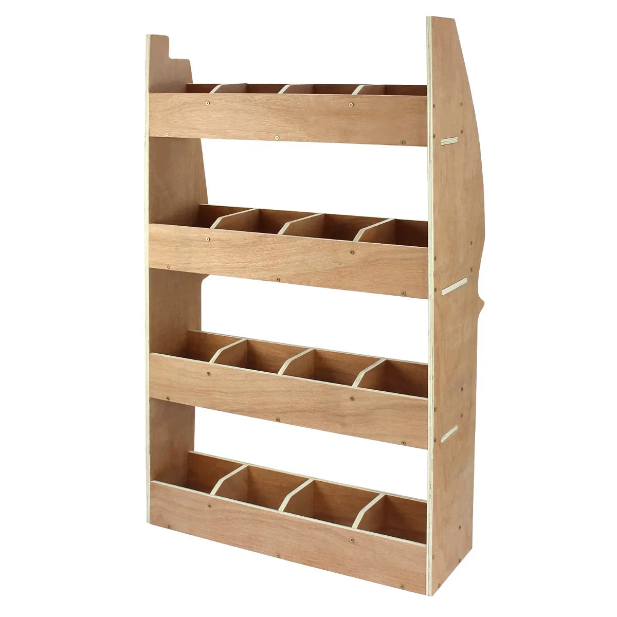 Nissan Primastar plywood van racking unit with four shelves and multiple compartments, showcasing a smooth, natural wood finish