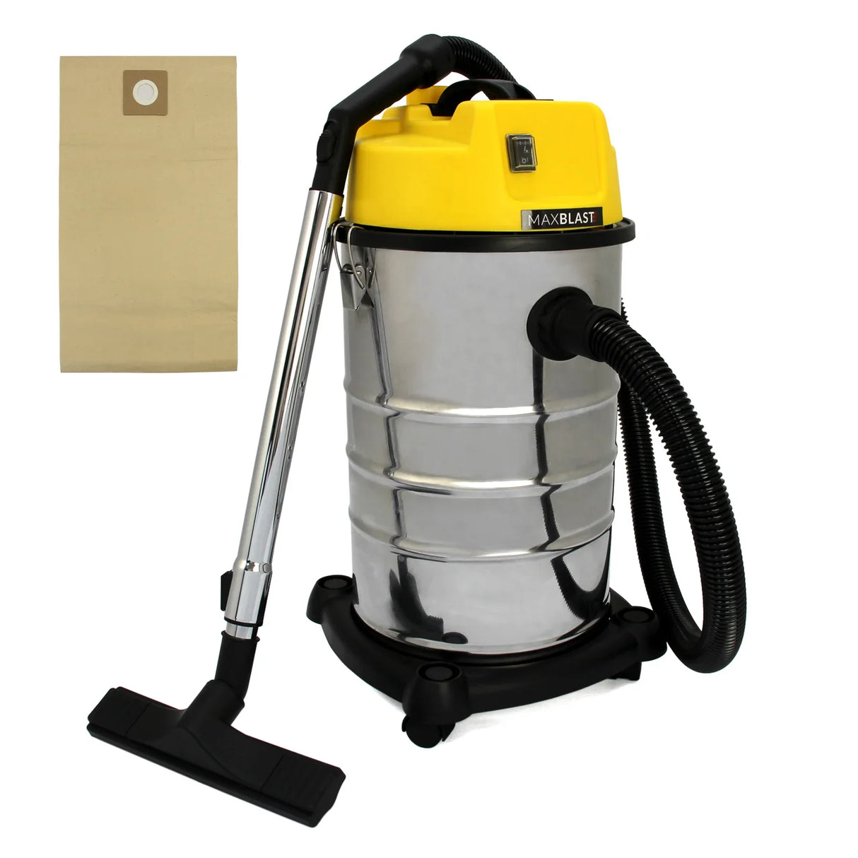 MAXBLAST 30L vacuum cleaner with a shiny metal body, yellow top, and included brown dust bags for efficient cleaning and dust collection