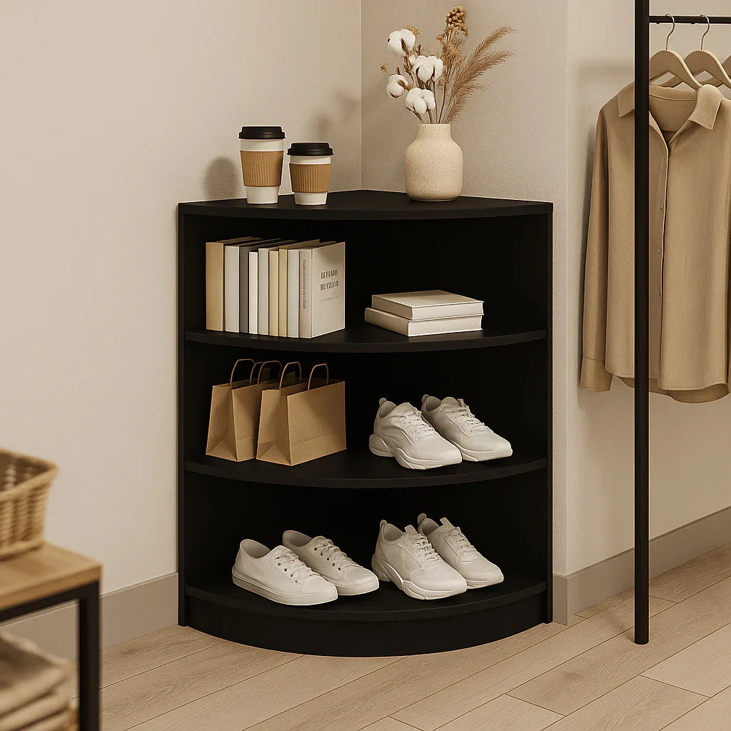 Black retail shop corner counter LM60 with three shelves displaying shoes, books, and decorative items in a modern setting