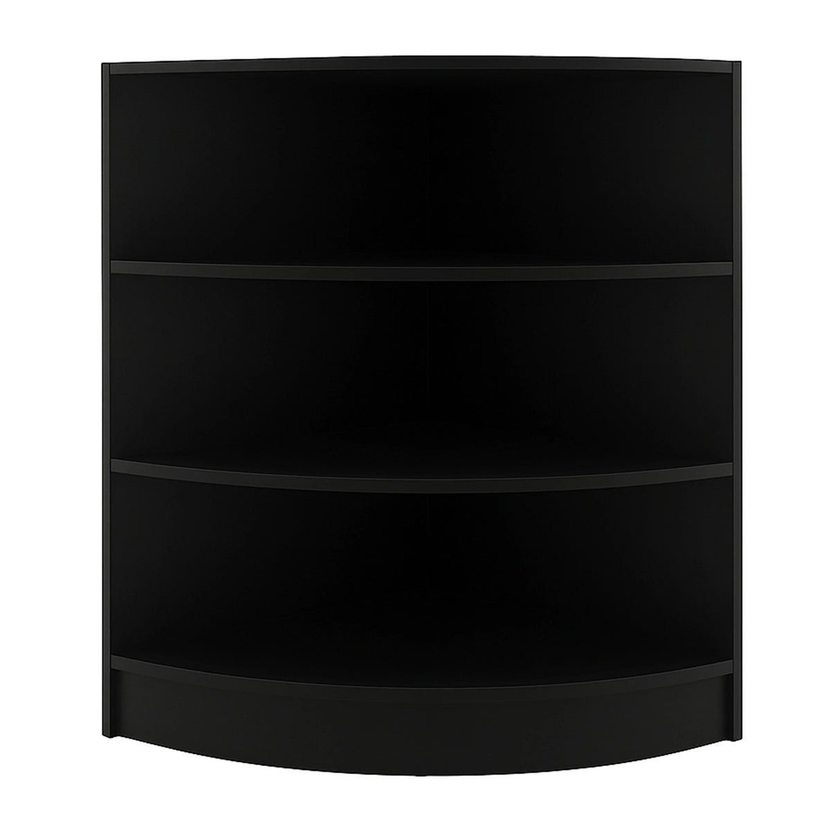 Curved black retail shop corner counter with three spacious shelves, ideal for displaying products in a compact space