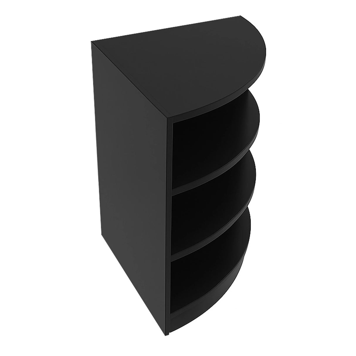 Sleek black retail shop corner counter with a curved top and three open shelves for display and storage, ideal for maximizing space