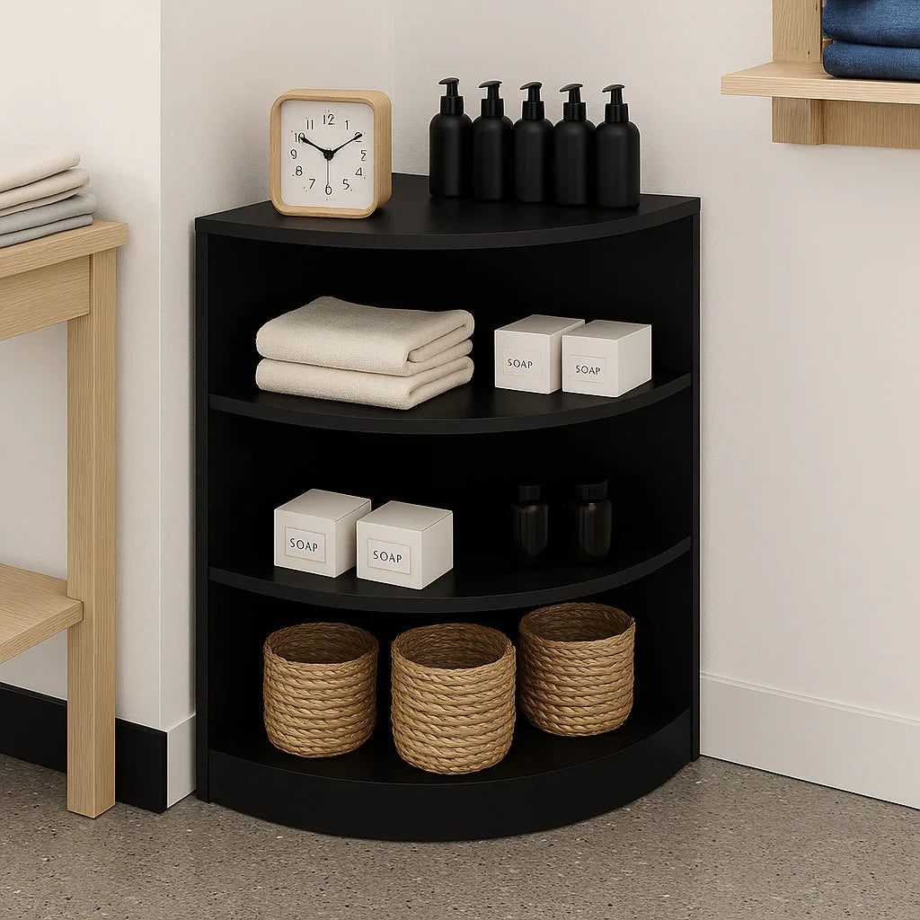 Sleek black retail shop corner counter with three shelves, featuring towels, soap bottles, and woven baskets for organized display