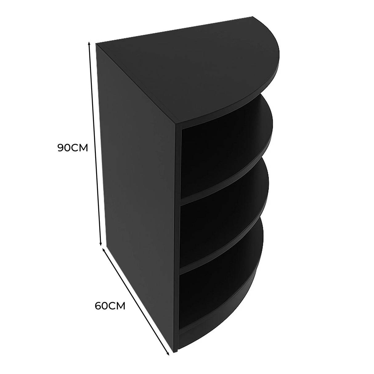 Black retail shop corner counter with three curved shelves, sleek design, dimensions 90cm height and 60cm width